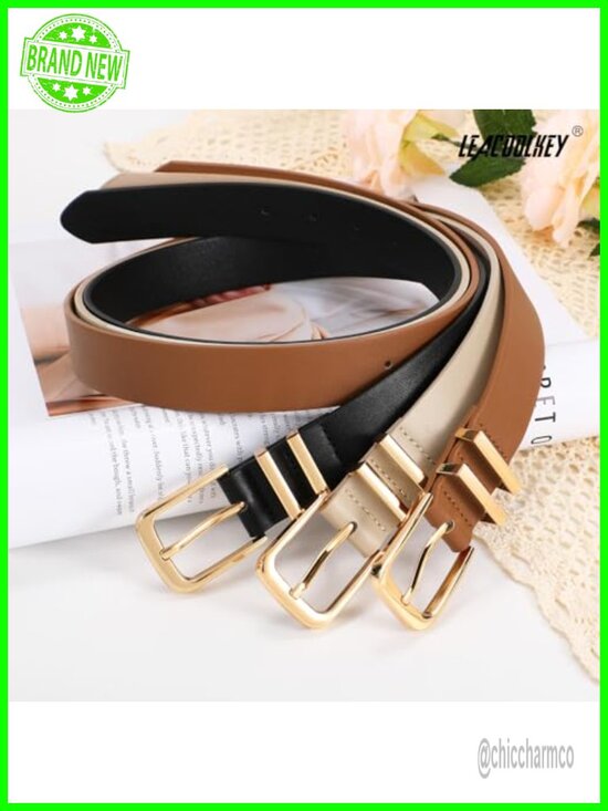 3 Pack Faux Leather Belts with Gold Buckle for Women main image 5